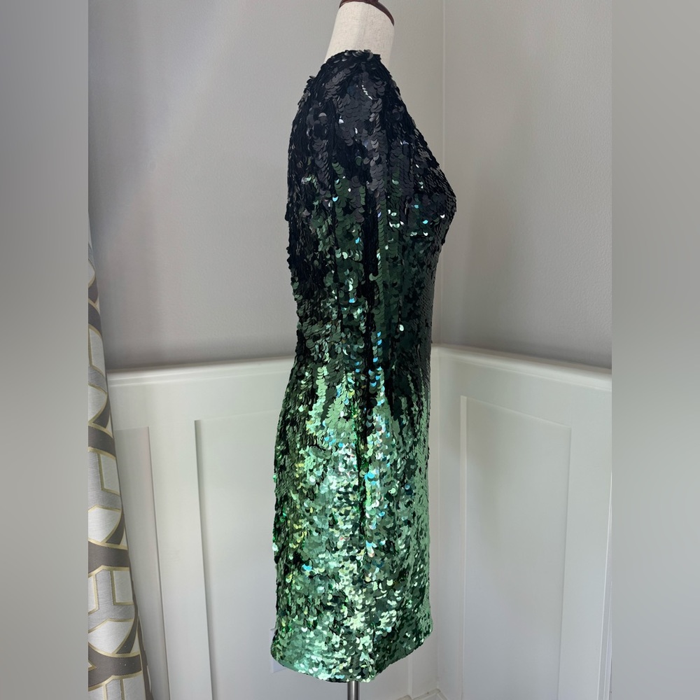 H&M Gold Label Long Sleeve Ombre Sequin Dress Green Black Size 4 - Picture 2 of 13